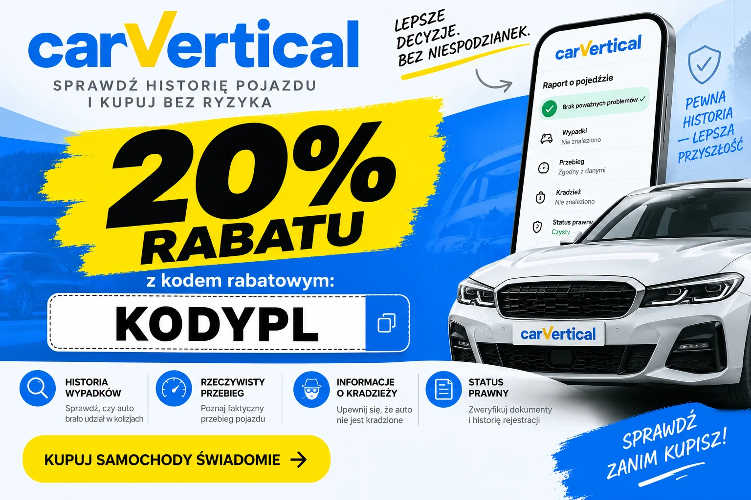Czy CarVertical ma kod rabatowy 30, 40 lub 50%?