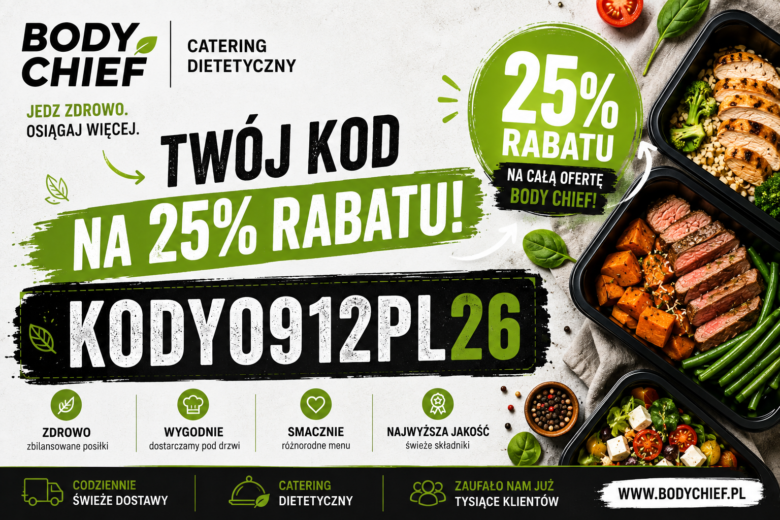 Jaki kod rabatowy do Body Chief? KODY0912PL26 — 25% na catering