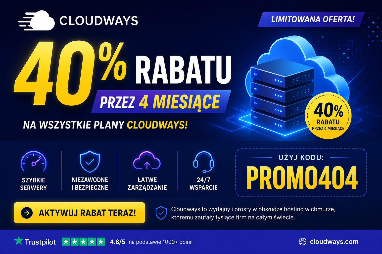 Jaki kod promocyjny do Cloudways? PROMO404 — 40% rabatu na 4 miesiące